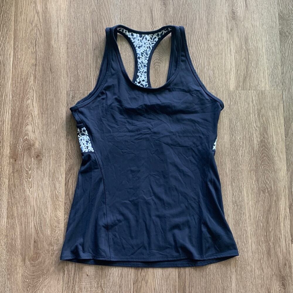 Athleta Mix Inversion Tank Top Navy Blue Animal Print Accent Size Small